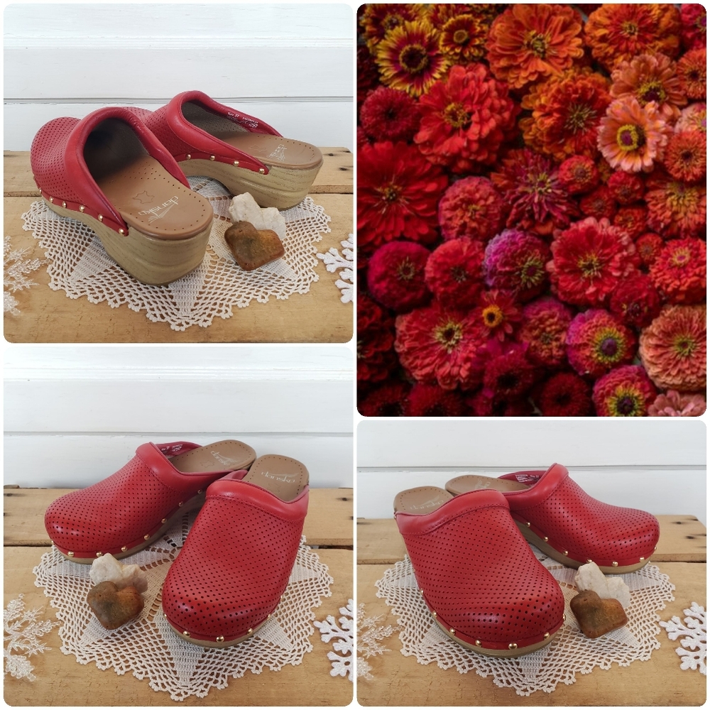 ⚘AvaiLable⚘inQuire!⚘RED Dansko Pro Sonja Perforated Honey Clogs Brass Studs Boho - Picture 3 of 13
